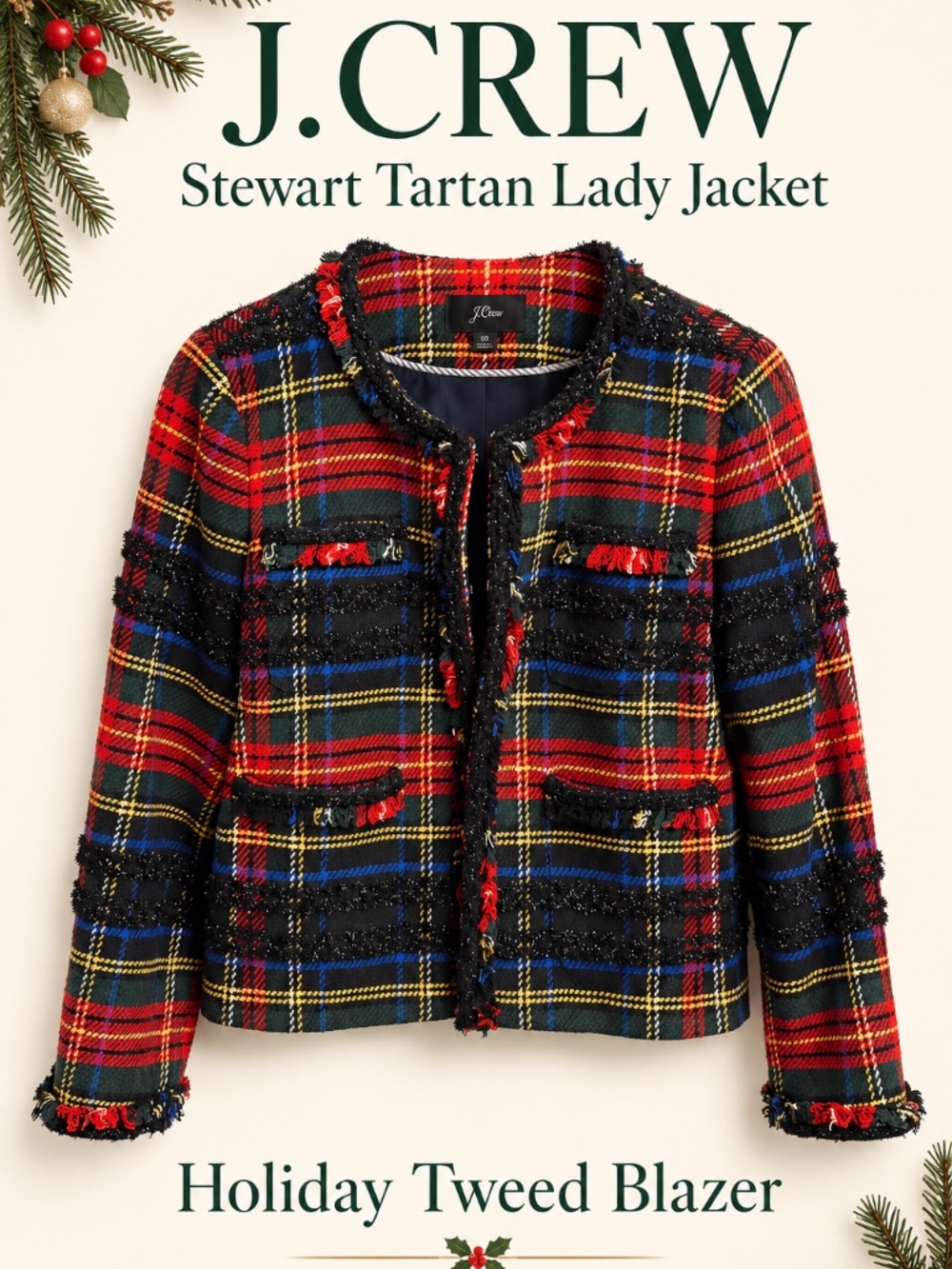 J.Crew Stewart Tartan Plaid Holiday Lady Jacket Tweed Fringe Blazer Size 10